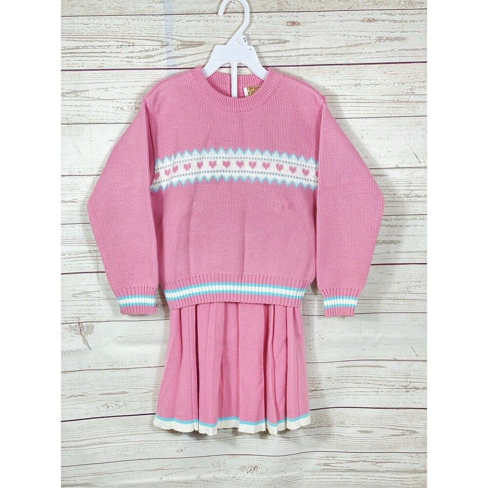 Vintage 1980s Pink Knitted Heart Sweater And Matching Skirt Set Girls Size 6